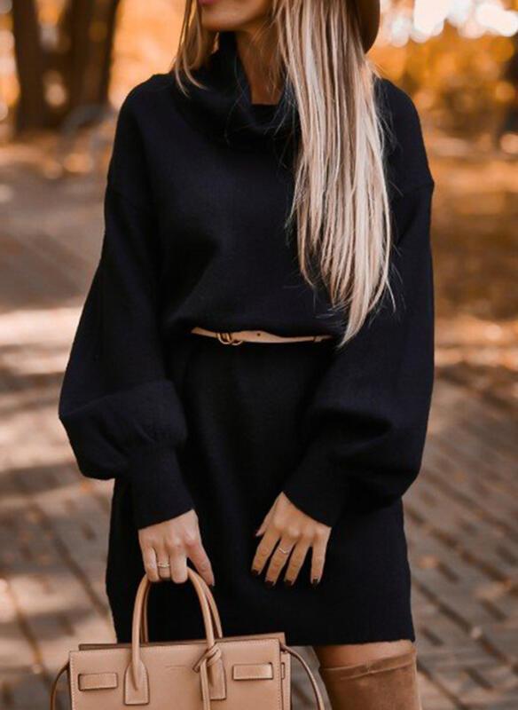  thdmladies Solid Turtleneck Casual Long Sweater Dress thedmladies