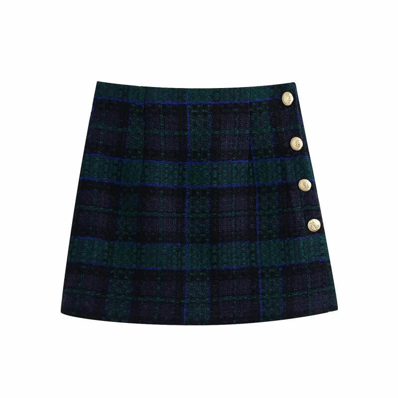 Vintage Elegant Plaid Skirt Suits Women 2021 Fashion Double Breasted Cropped Blazers Side Buttons Mini Skirts Suits