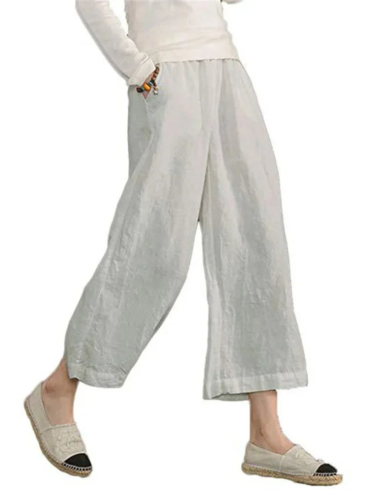 Women's Summer New Solid Color Cotton and Linen Loose Casual Wide-legged Nine-minute Pants-JRSEE
