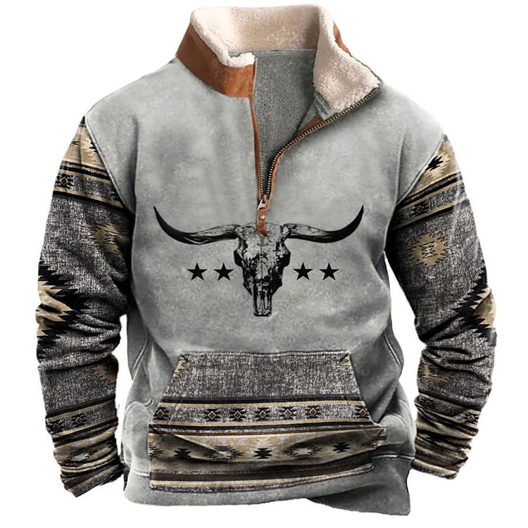BrosWear Western Zipper Fur Collar Bull Head Tribal Patchwork Print Sweatshirt