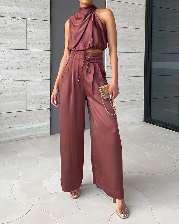 Round Neck Pleated Top Pants Solid Color Two-Piece Suit