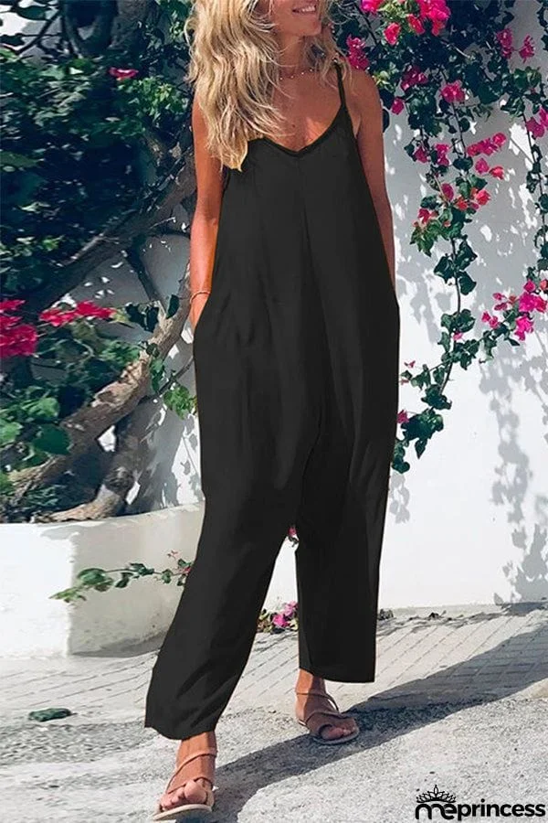 Solid Pockets Baggy Cami Jumpsuit