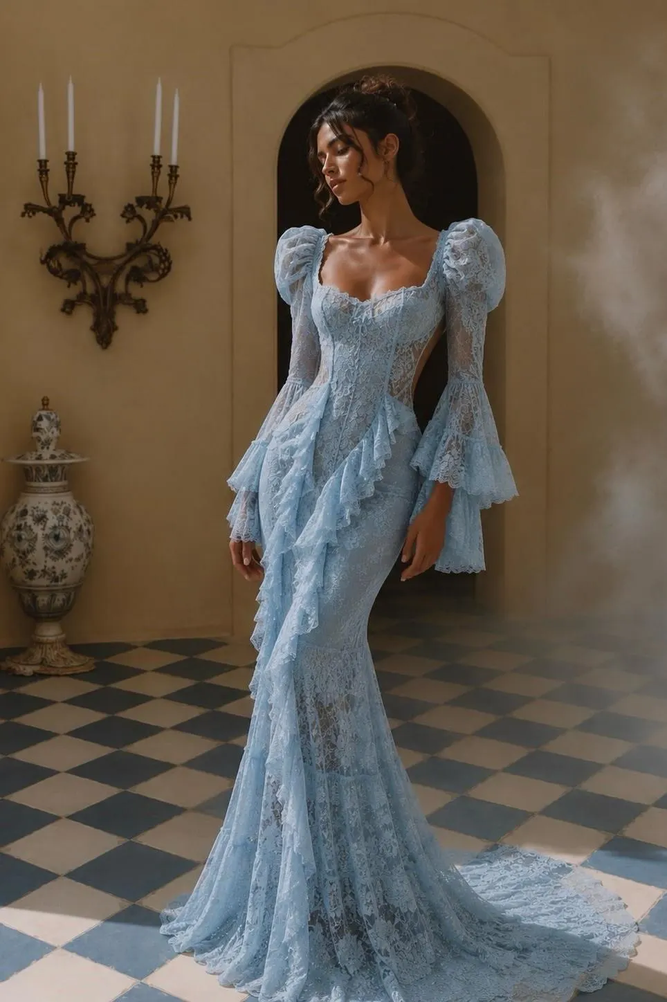 Sky Blue Lace Square Neck Long Flare Sleeves High-Waisted Long Pleated Prom Dress With Ruffles | GY0062 Wellcucu