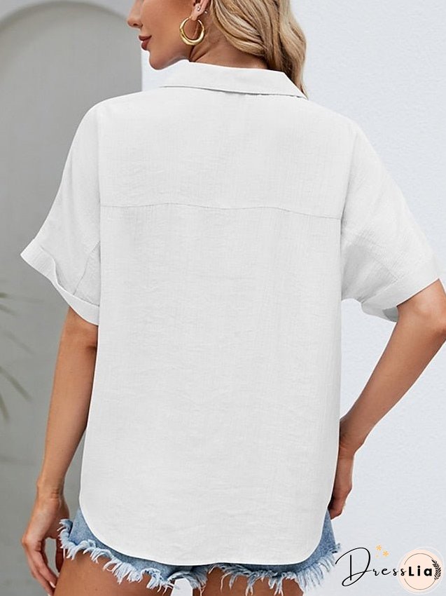 Blouse Pocket Loose Solid / Plain Color Basic Shirt Collar Roll Sleeves Summer Black White Pink Sky Blue for Women
