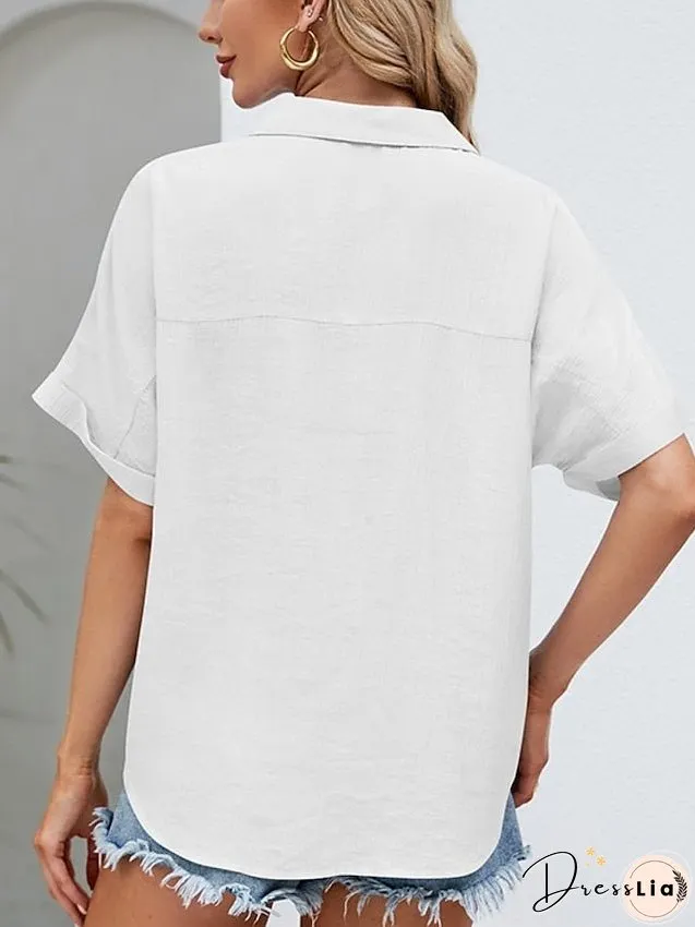Blouse Pocket Loose Solid / Plain Color Basic Shirt Collar Roll Sleeves Summer Black White Pink Sky Blue for Women