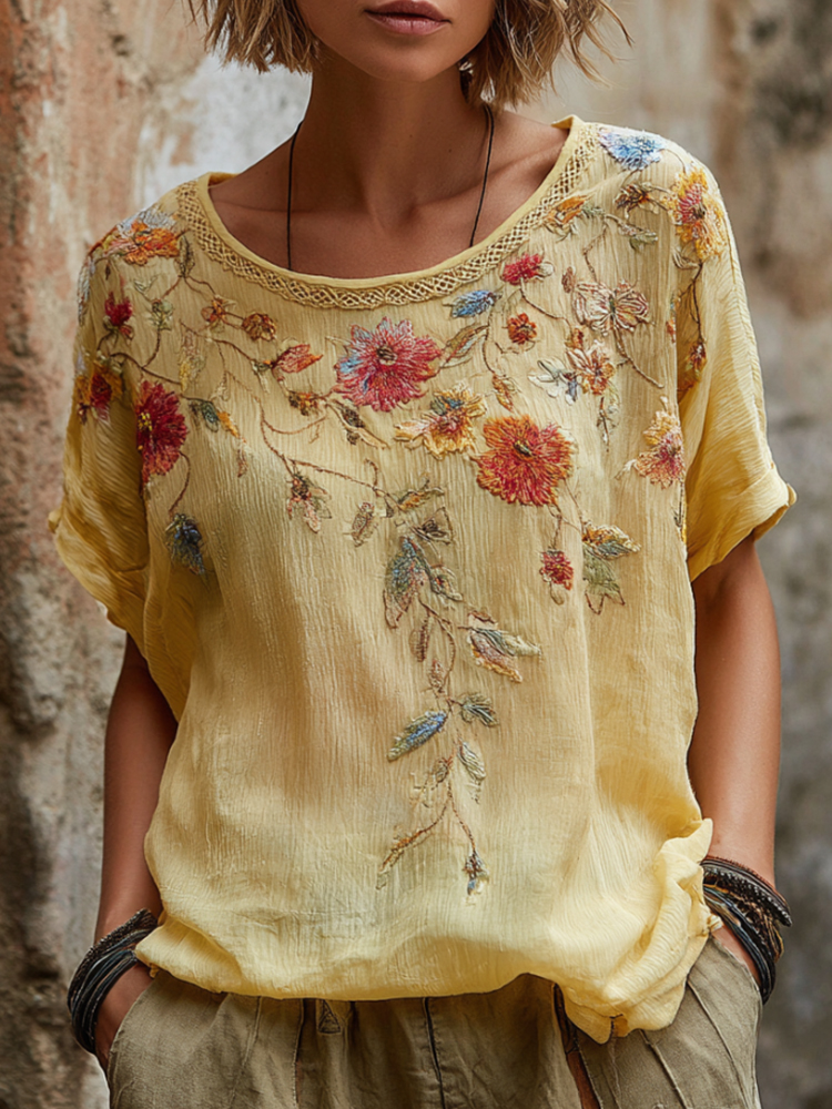 Spring/summer Floral Embroidery Art Linen Blend Short Sleeve Top elevenforest