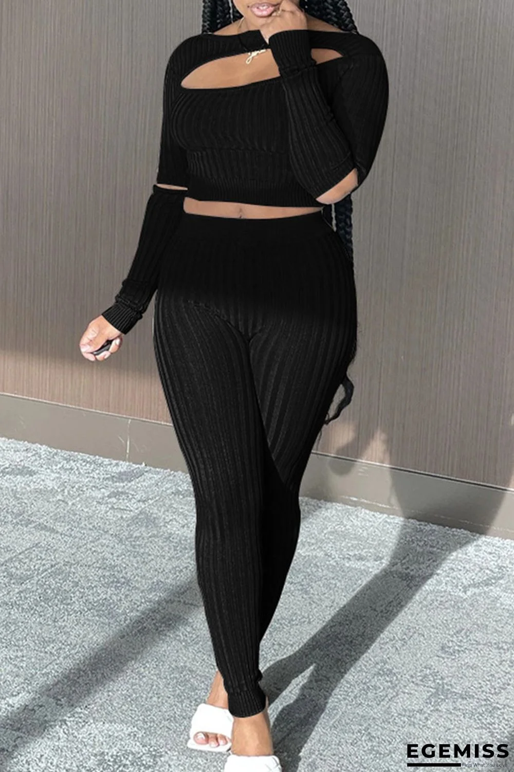 Black Sexy Solid Hollowed Out Patchwork O Neck Long Sleeve Two Pieces | EGEMISS
