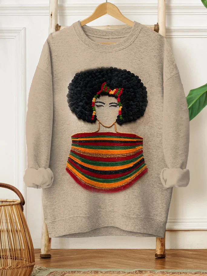 Women's Black Female Ethnic Pattern Art Print Casual Sweatshirt