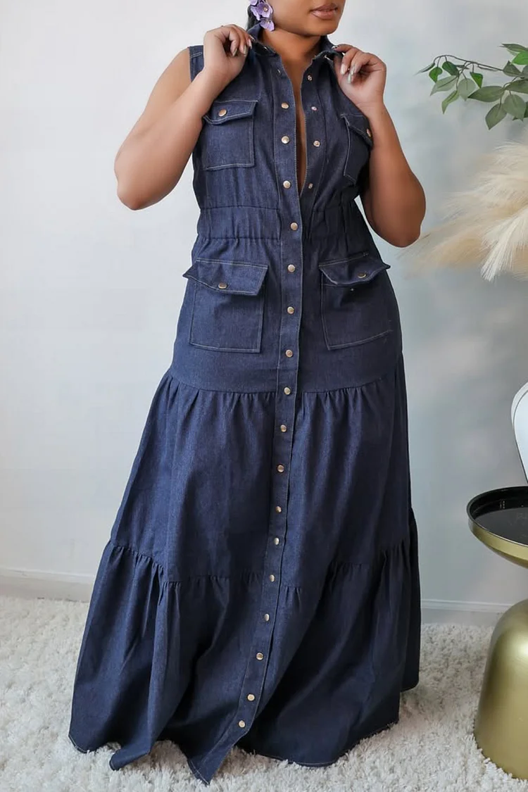 Plus Size Vacation Navy Blue Shirt Collar Pleated Casual Pocket Maxi Dresses [Pre-Order] 2024 - Xpluswear