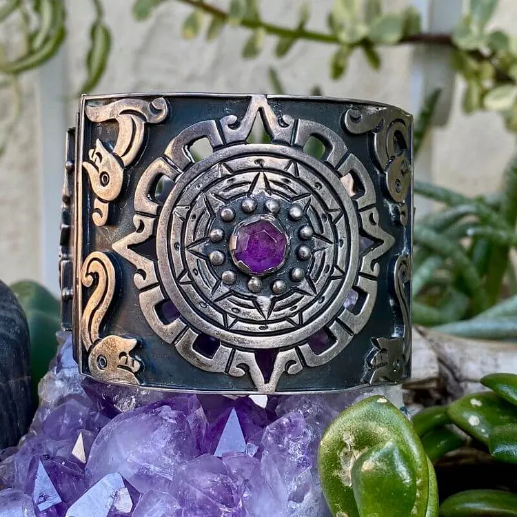 Vintage Mexican Azteca Sterling Silver and Amethyst Panel Bracelet