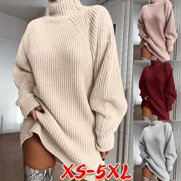 Fashion Women Knit Sweater Mid-length Raglan Sleeve Half Turtleneck Sweater Dress Plus Size XS-5XL - Shop Trendy Women's Fashion | TeeYours