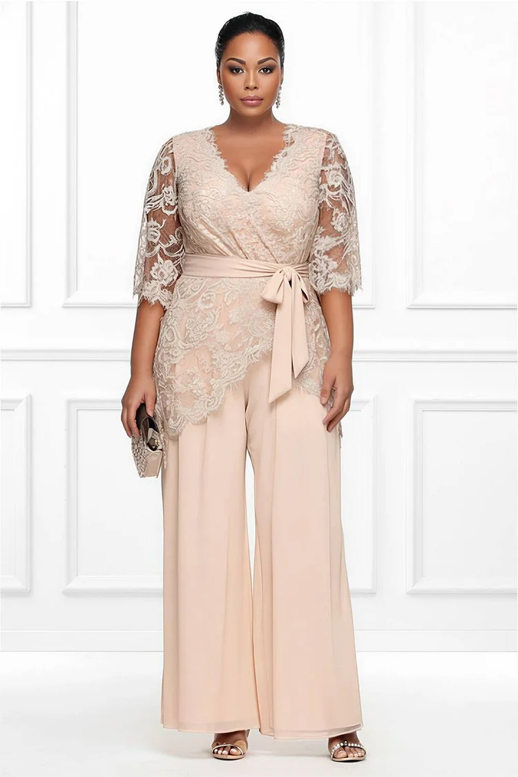 Xpluswear Design Plus Size Mother Of The Bride Chiffon Champagne V Neck Short Sleeve Wrap See Through Lace Two Piece Pant Sets [Pre-Order] 2024 - Xpluswear