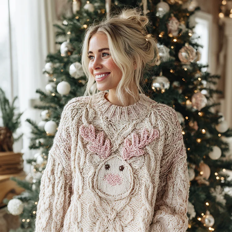 Christmas Cute Moose Face Knit Art Women's Crew Neck Sweater