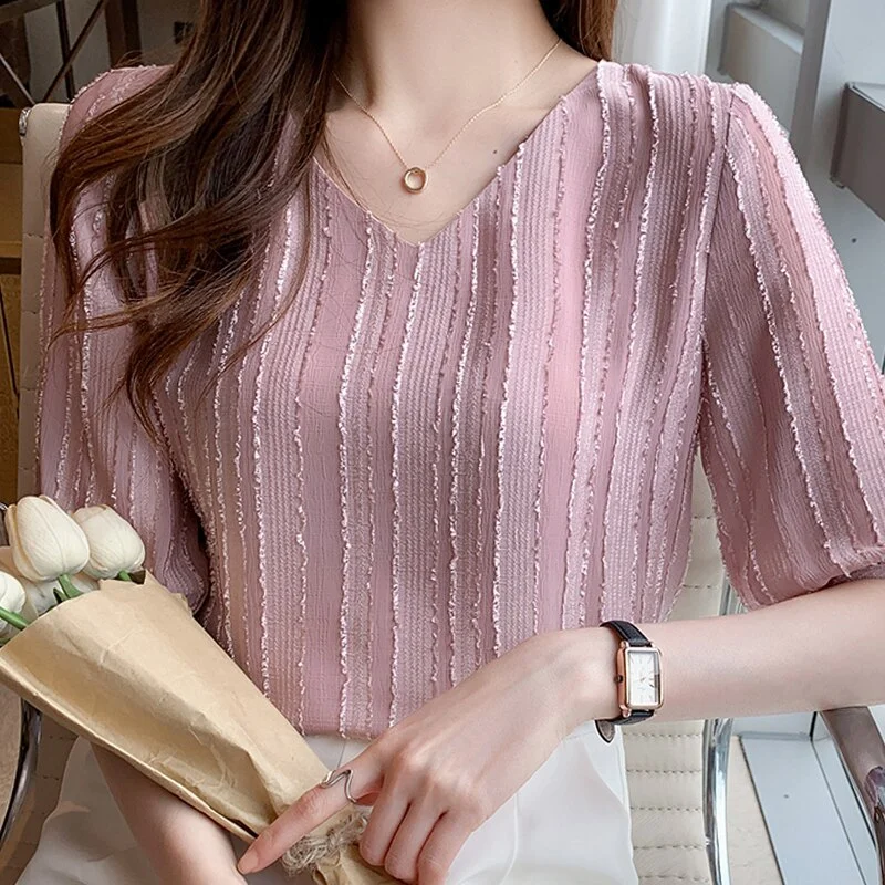 Summer Women Blouse Short Sleeve V-Neck Chiffon Blouse Shirt Tops Blusas Mujer De Moda 2023 Blouse Women Blouses Top Femme E952
