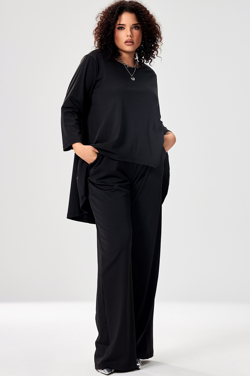 Design Plus Size Casual Pant Set Black Round Neck Short Sleeve Irregular Two Piece Pant Set