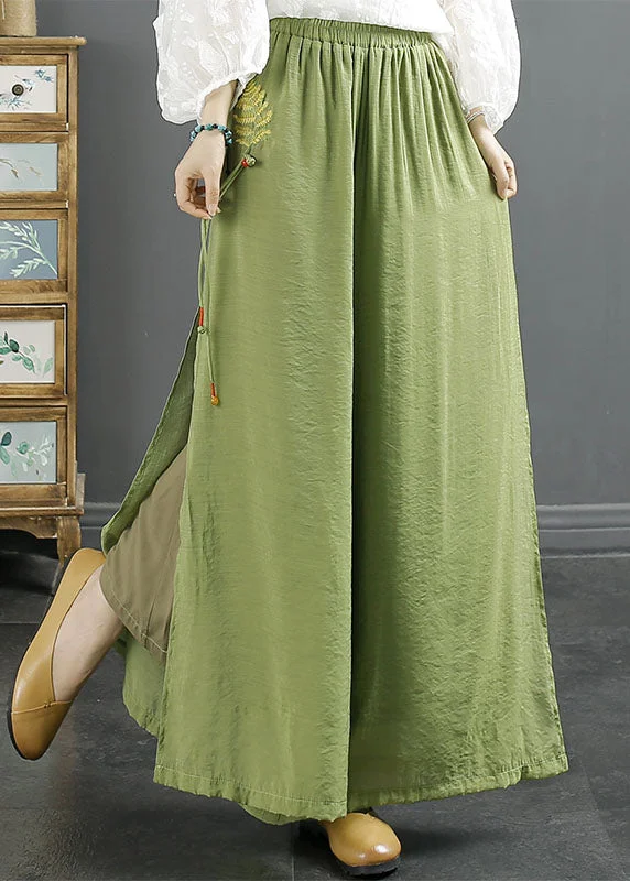 Elegant Green Embroideried Tassel Side Open Silk Wide Leg Pants Summer