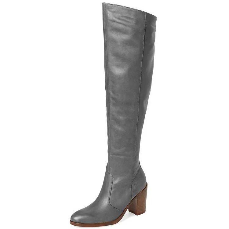 Grey Round Toe Chunky Stacked Heel Knee-High Boots with Zipper |FSJ Shoes