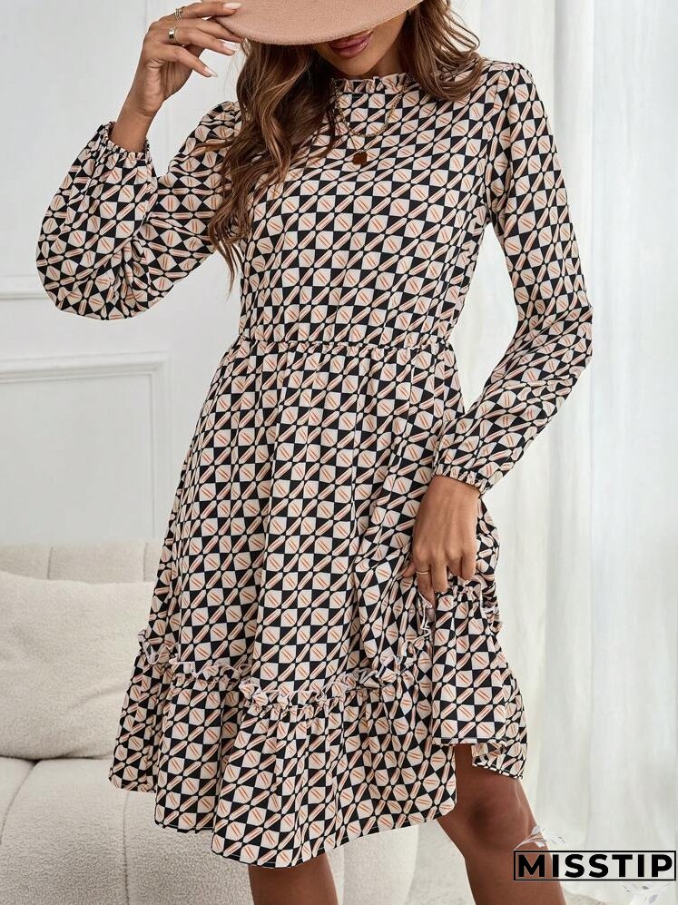 Women's Floral Print Long Sleeve Ruffle Trim Short Casual Dress