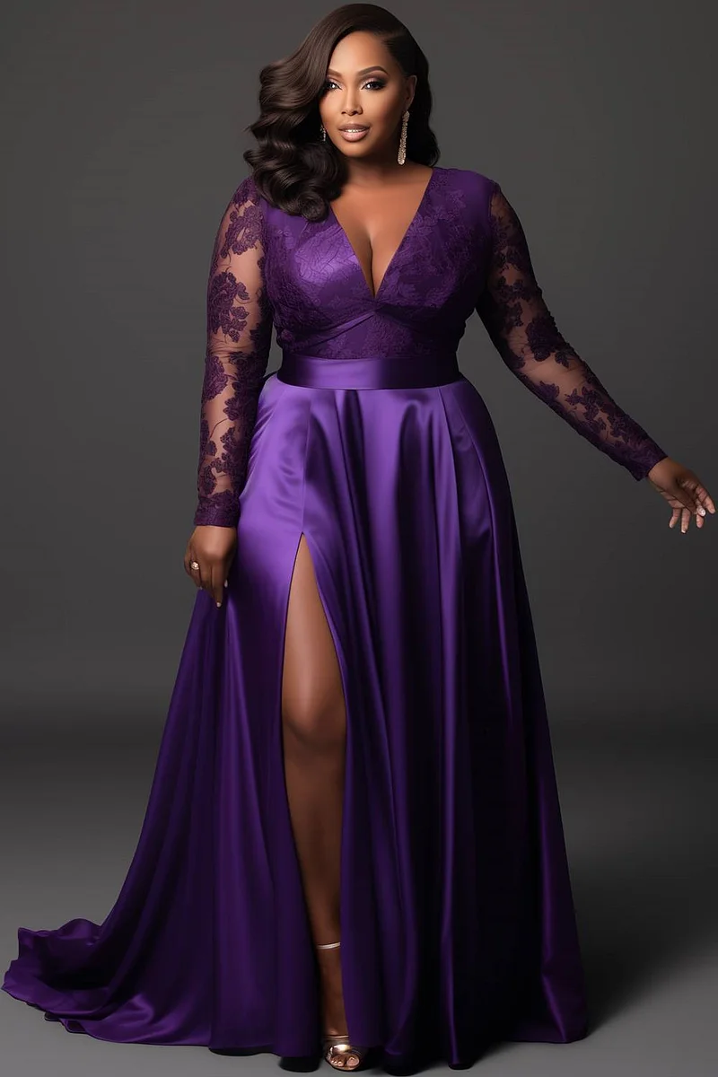 fitted lace wedding dress Plus Size Sweetheart Backless Long Sleeve Chiffon A Line Dresses Purple / 2XL main image 1