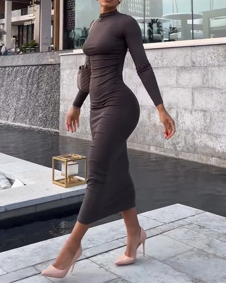 Women's solid color slim high collar dress