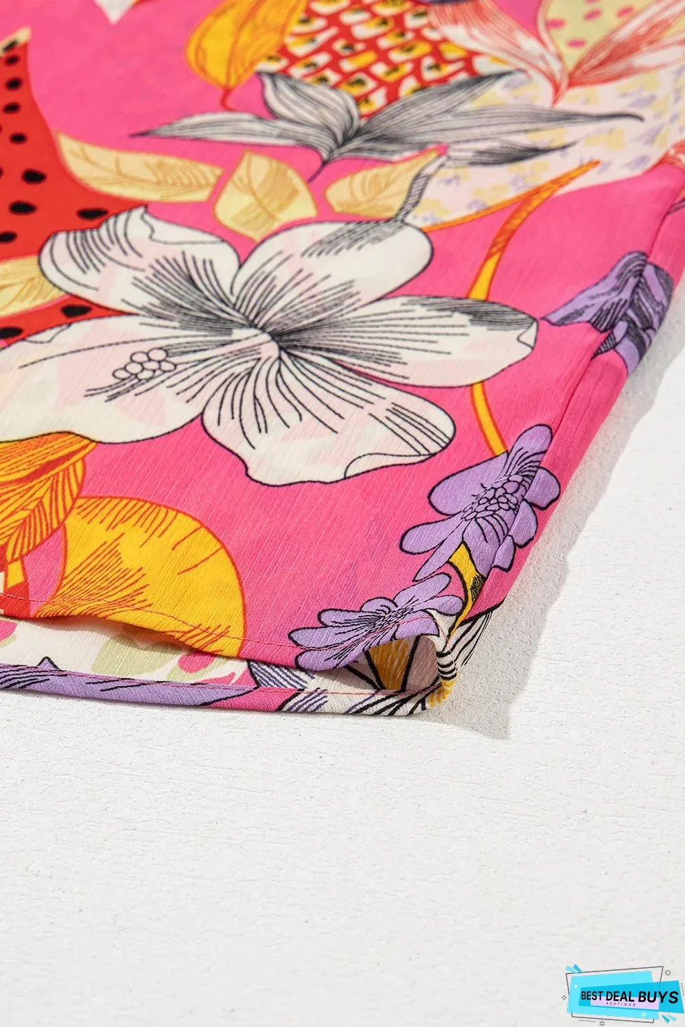 Red Abstract Floral Print Buttoned Ruffled Bubble Sleeve Shirt