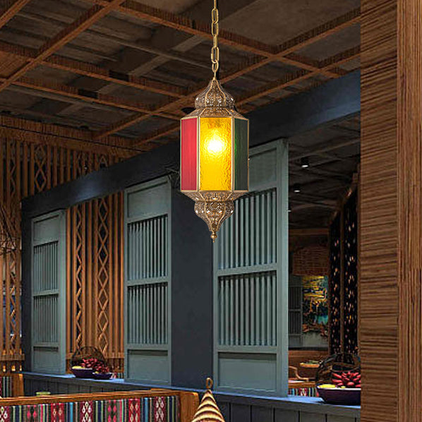 Traditional Vintage Stained Glass Hollow Carved Brass 1-Light Pendant Light For Dining Room