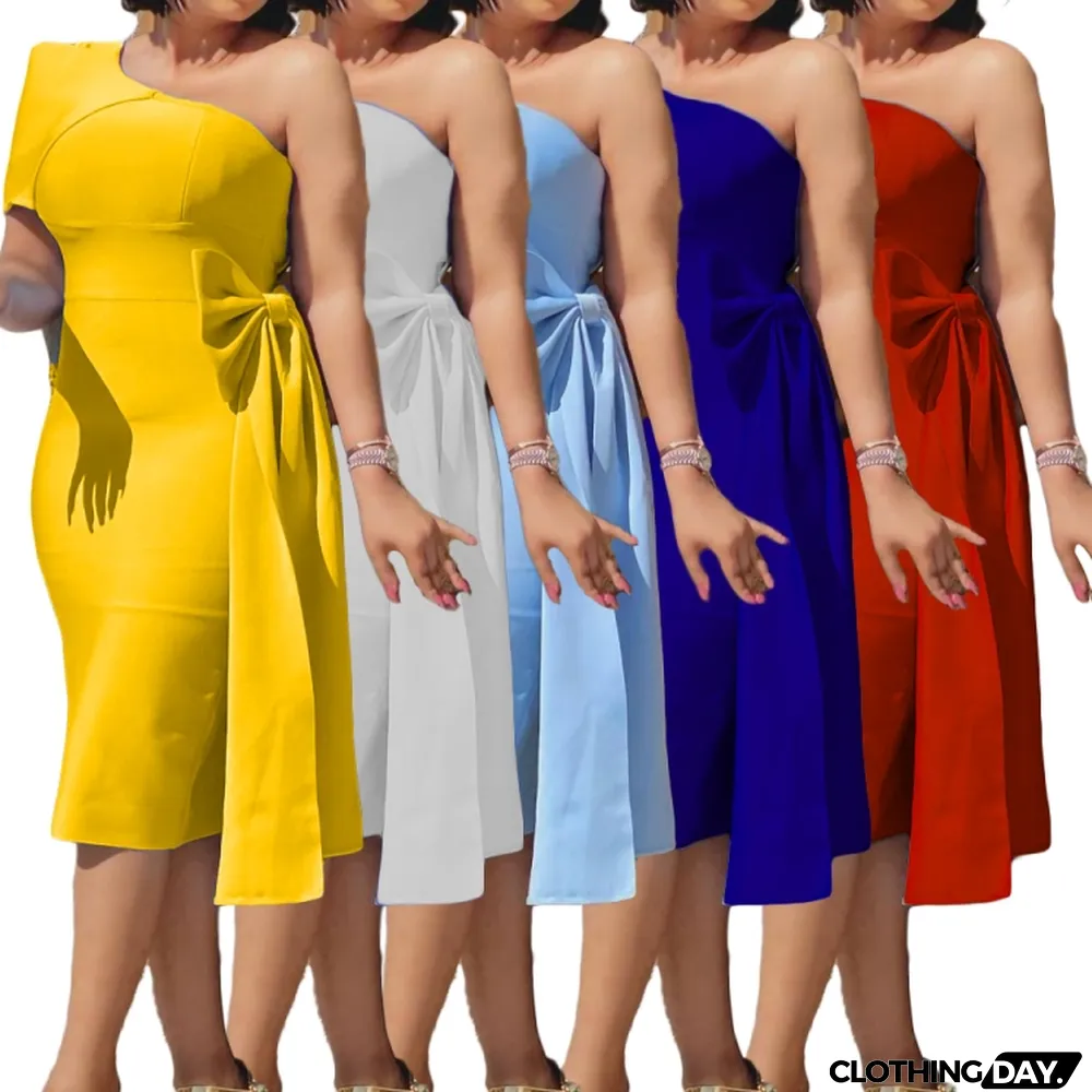 Autumn Formal Blue One Shoulder Midi Cocktail Dress