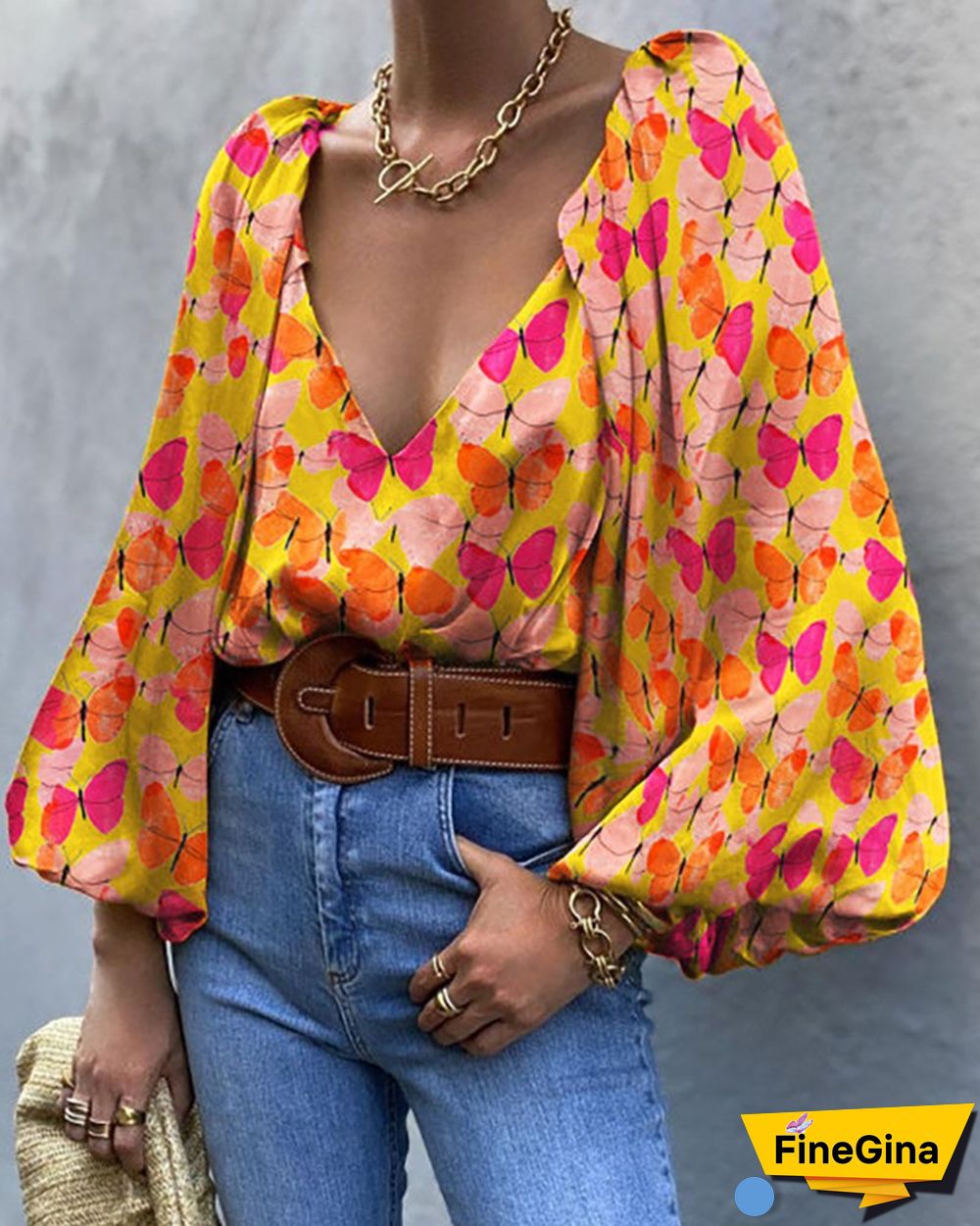 Butterfly Print Puff Lantern Sleeve Top
