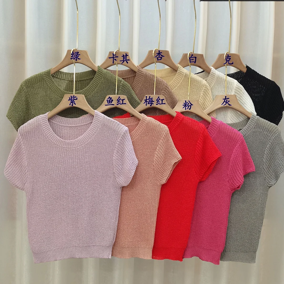 Uveng Uveng New Design Sense Niche Short-Sleeved Short-Sleeved Repair Body Wear Temperament Simple Round-Neck Short-Sleeved Knitwear