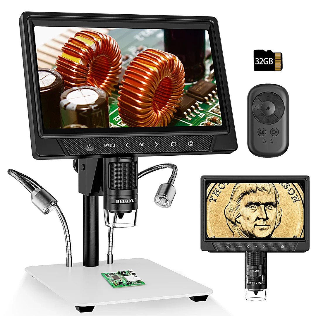 BEBANG 10.1" LCD Digital Microscope for Adults, 1200X Soldering Microscope for Electronics Repair, Coin Microscope Camera Full View for Error Coins, 32G Card