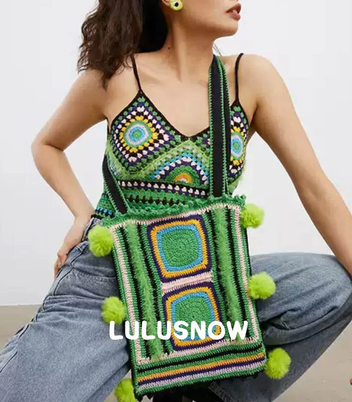Lulusnow Handmade Black Green Amigurumi Granny Square（Front side / Back side）Crochet Crossbody Bag Shoulder Bag  Gift For Her/Him/Christmas/St.Patrick's/Birthday