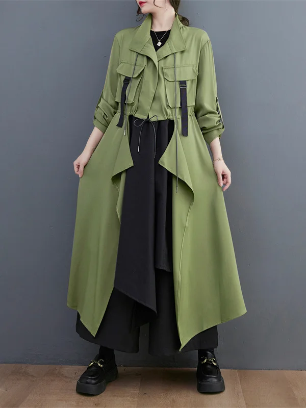 Loose Long Sleeves Drawstring Split-Joint Lapel Trench Coats
