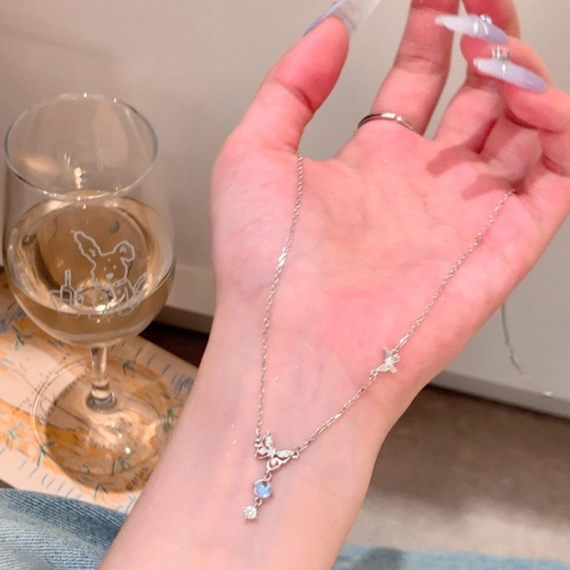 Modern Style Geometric Heart Shape Bow Knot Titanium Steel Copper Plating Inlay Zircon Pendant Necklace