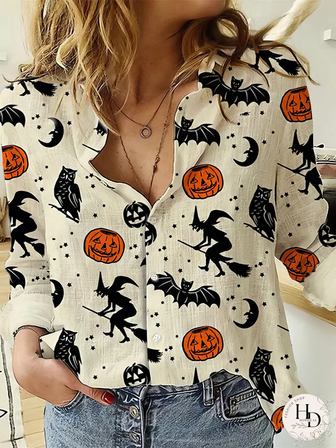 Witch Bat Pumpkin Print Long Sleeve Blouses