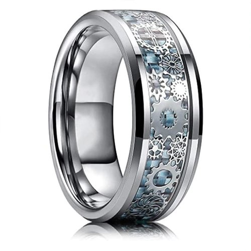 Women Or Men Tungsten Carbide Wedding Band Gear Rings,Wedding ring band Sky Blue Carbon Fiber Inlay Silver Band with Silver Mechanical Gears. Tungsten Carbide Ring With Mens And Womens Rings For 4MM 6MM 8MM 10MM