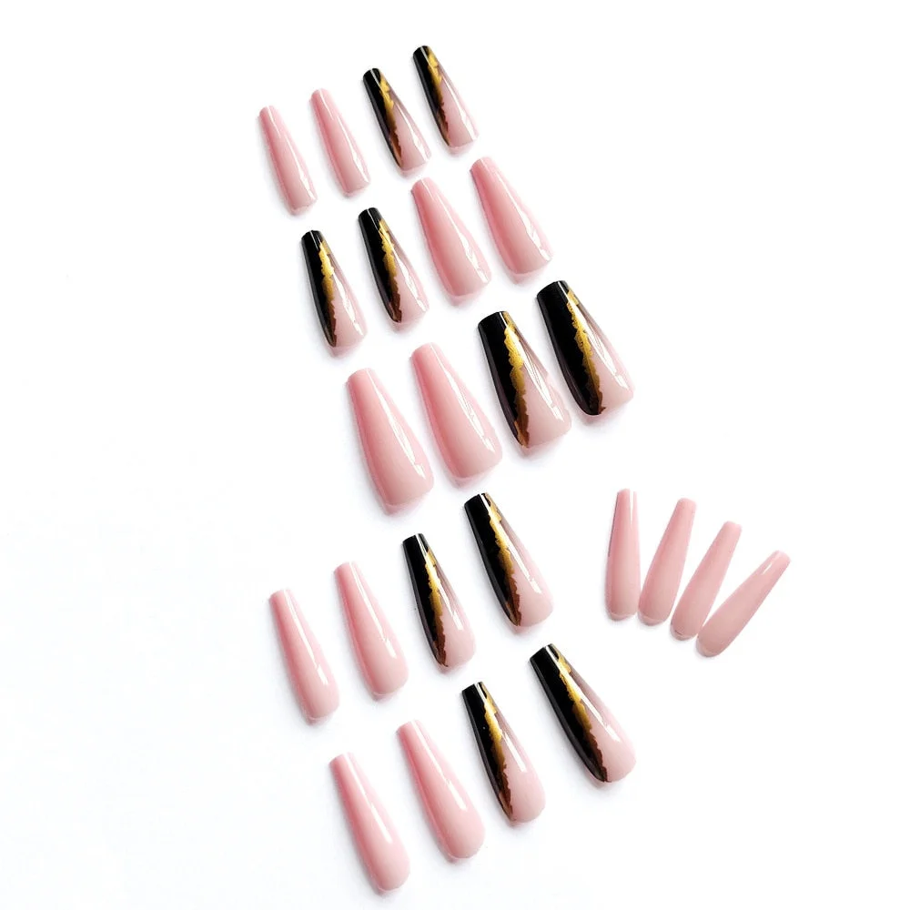 Nude Pink False Nails Fashion Long Black Gold Gradient Coffin Fake Nails Press On Nails Artificial Ballerina Nail Art Full Tips