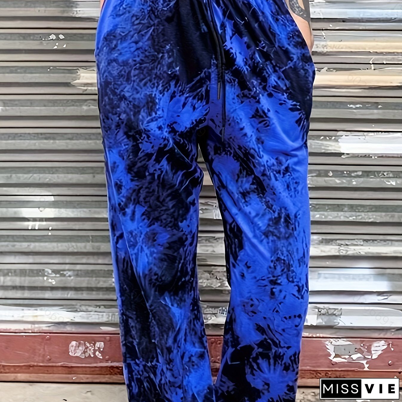 Plus Size Casual Pants, Women's Plus Tie Dye High Waist Harem Drawstring Pants With Pockets