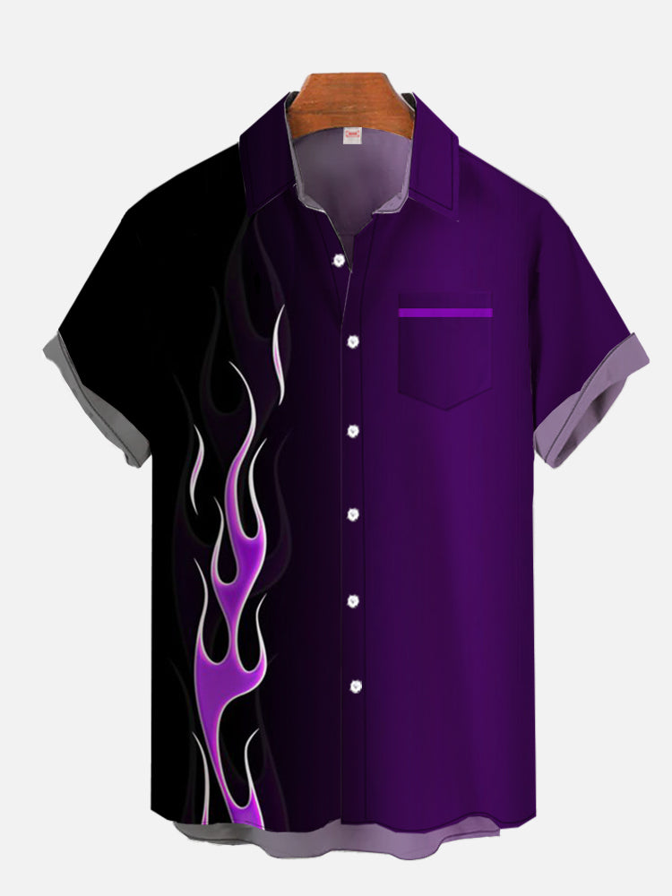 Gradient Black And Purple With Blazing Fire Printing Breast Pocket ...