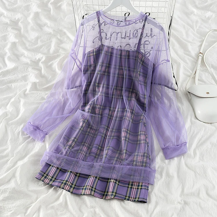 Purple Aesthetic Mesh Plaid Summer Dress - Gotamochi Kawaii Shop, Kawaii Clothes