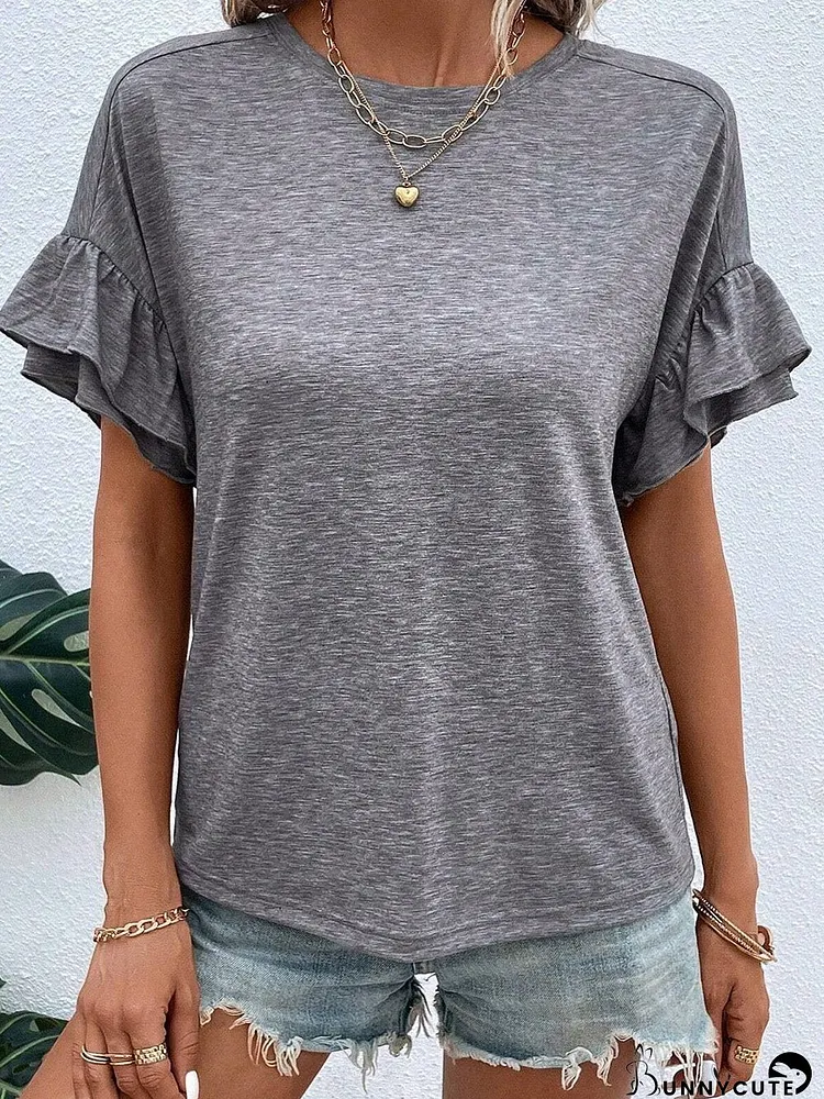 Grey Tiered Ruffle Sleeve Crew Neck Shift Top