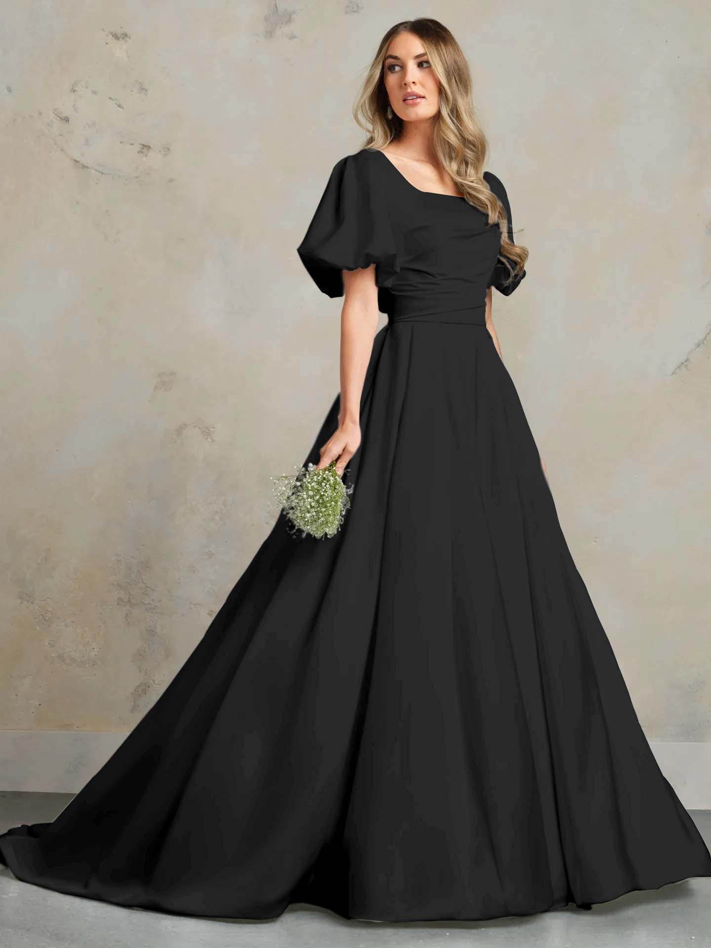 Lisliy White Bubble Sleeves Square Neck A-Line Wedding Dress With Pleated