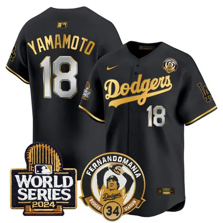 Youth Los Angeles Dodgers #18 Yoshinobu Yamamoto Black Fernando Valenzuela & 2024 World Series Patch Limited Stitched Baseball Jersey