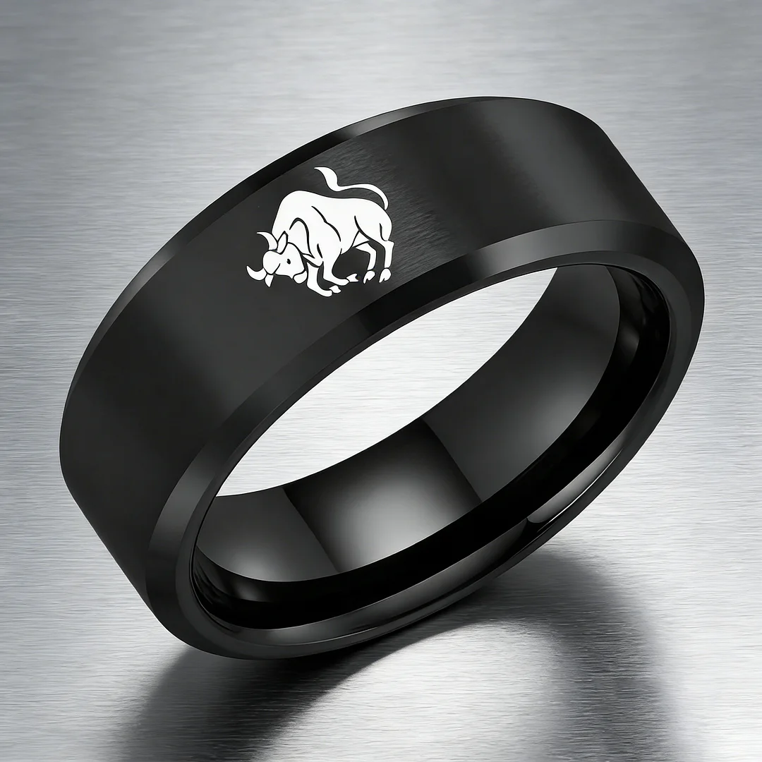 Mens Womens Black Taurus Tungsten Carbide Rings Black Edges and Laser Etched Wedding Bands Comfort Fit 4MM 6MM 8MM