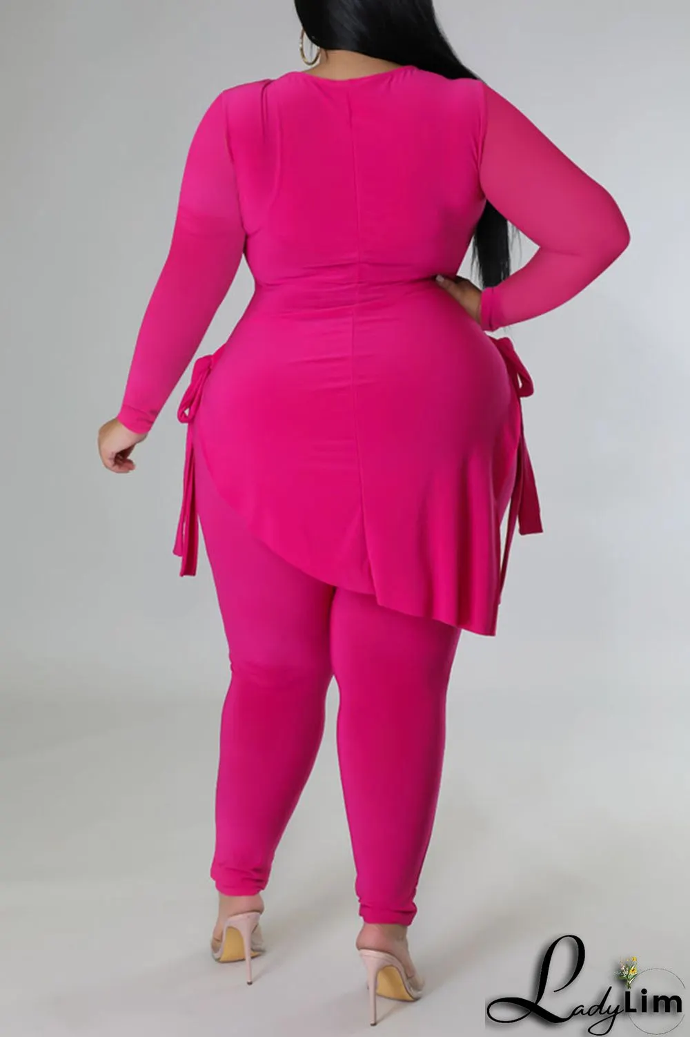 Rose Red Casual Solid Bandage Patchwork Asymmetrical O Neck Plus Size Two Pieces