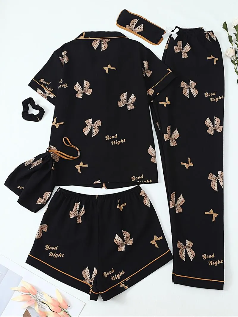 Women's All Over Print Top & Shorts & Pants & Accessories Pyjama Set, Casual Comfy Pj Set, Ladies Sleepwear for All Seasons Women's All Over Print Top & Shorts & Pants & Accessories Pyjama Set, Casual Comfy Pj Set, Ladies Sleepwear for All Seasons