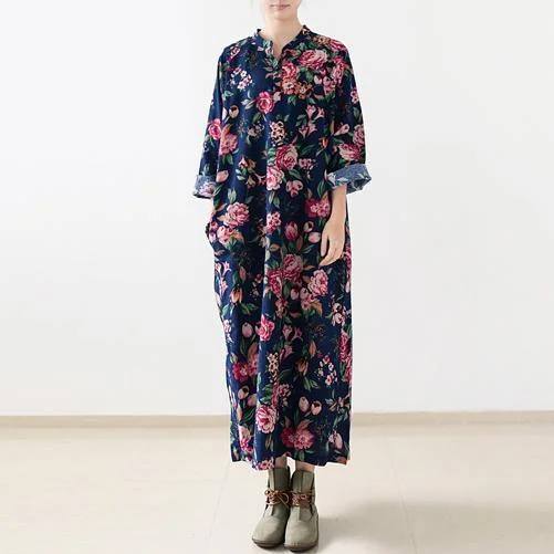 2017 spring indigo blue blossom garden inspired plus size linen dresses cotton causal dress