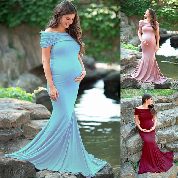 Maternity Photography Props Fashion Women Pregnancy Dresses Clothes Cotton Chiffon Off Shoulder Half Circle Gown Photo Shooting Pregnant Dress