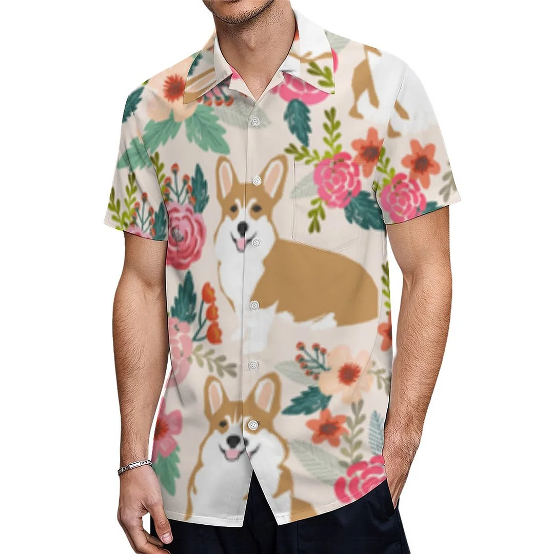 Corgi Pink Rose Floral Tacos Christmas Tree Hawaiian Shirt Mens Button Down Plus Size Tropical Hawaii Beach Shirts