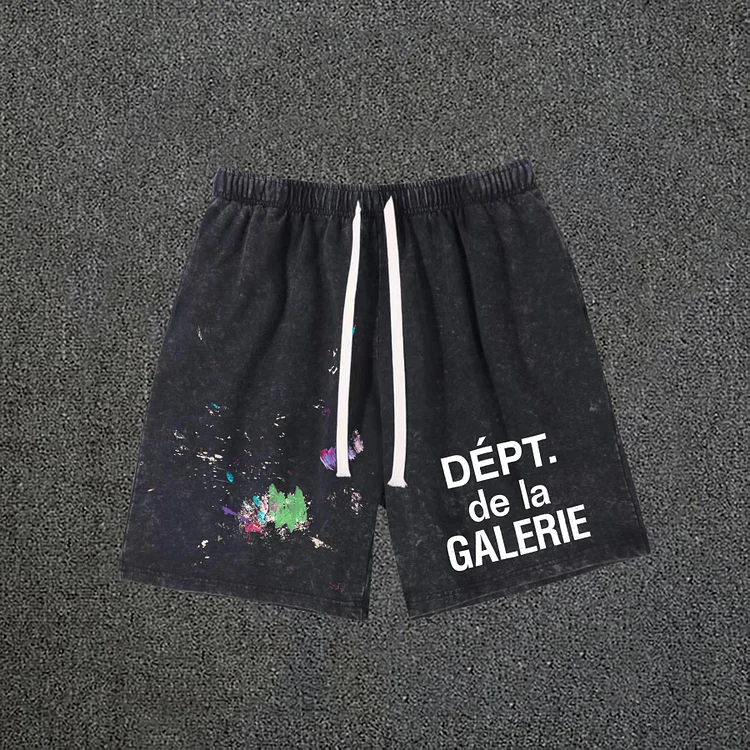 Men's Casual Gallery Dept Graphic Print Acid Washed Drawstring Shorts