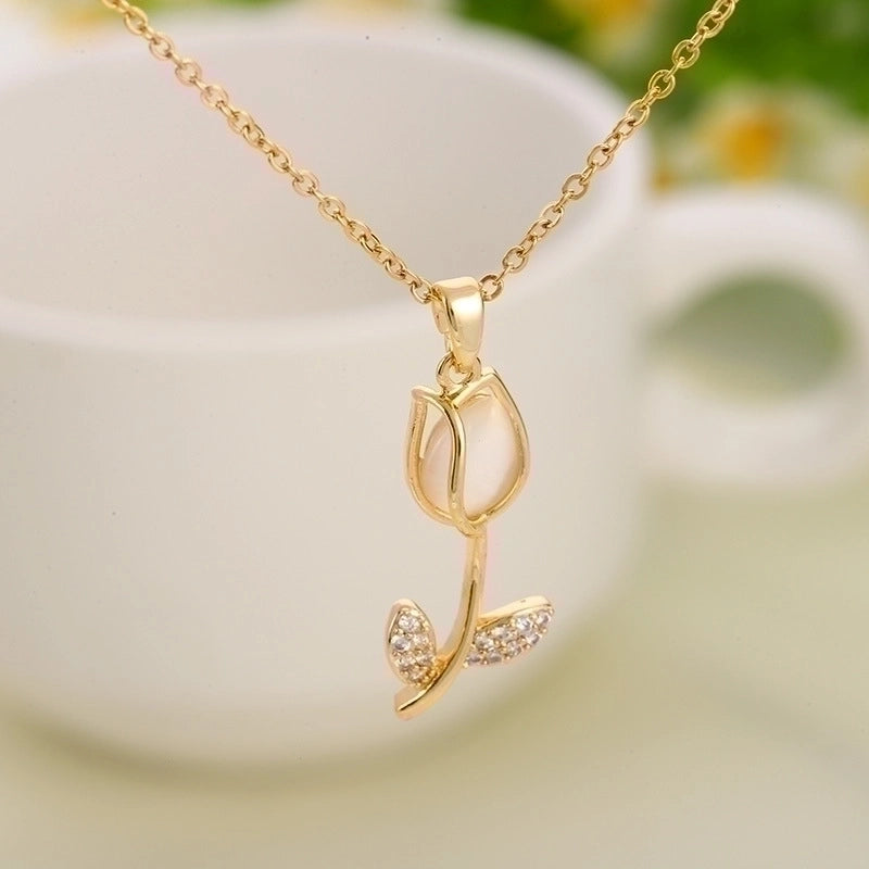 Casual Minimalist Tulip Titanium Steel Inlay Opal Zircon Pendant Necklace